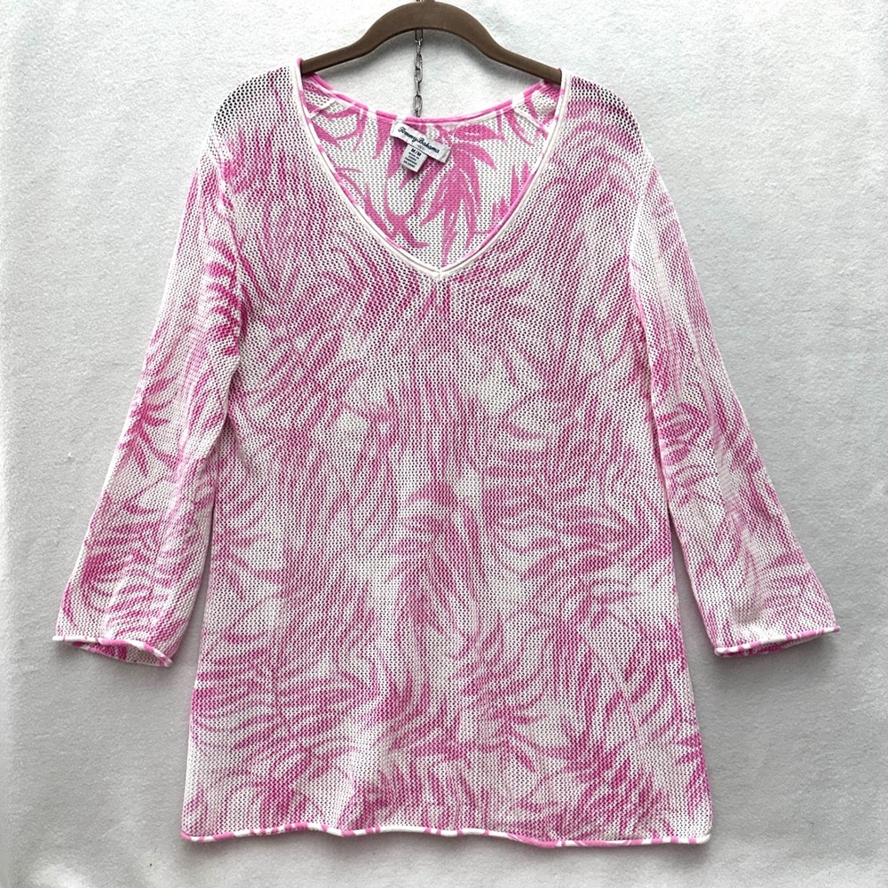 Tommy Bahama M Tropical Palm Frond Leaf Open Knit Cotton Mesh V-Neck Sweater